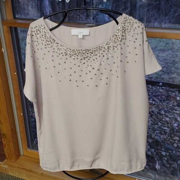 LOFT Embellished Taupe Sz. XL Sleeveless Blouse - Picture 2 of 9